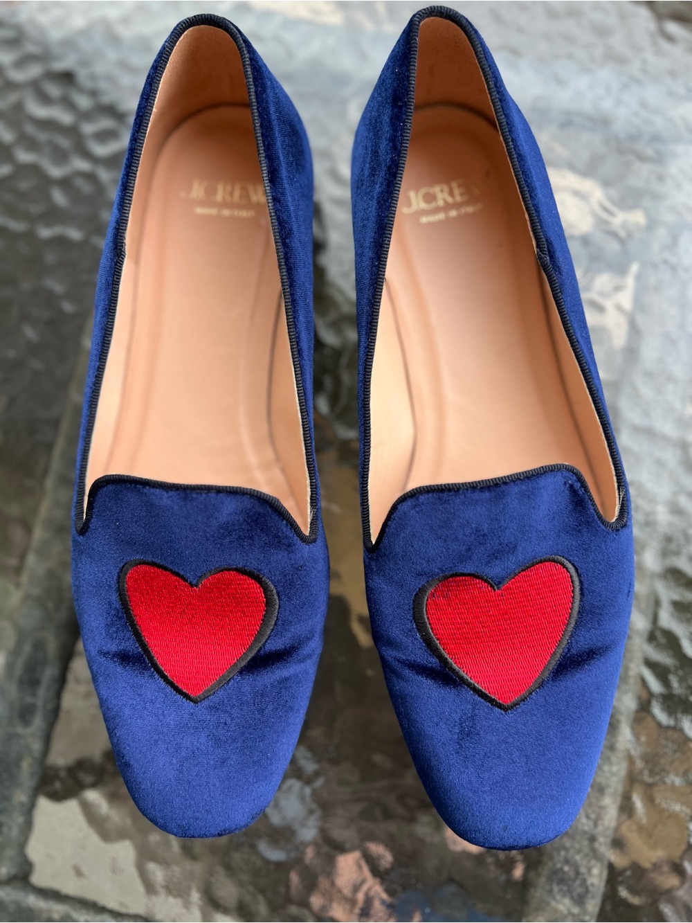 J.Crew Navy Blue Velvet Red Heart Loafers Made in Italy Size 9.5